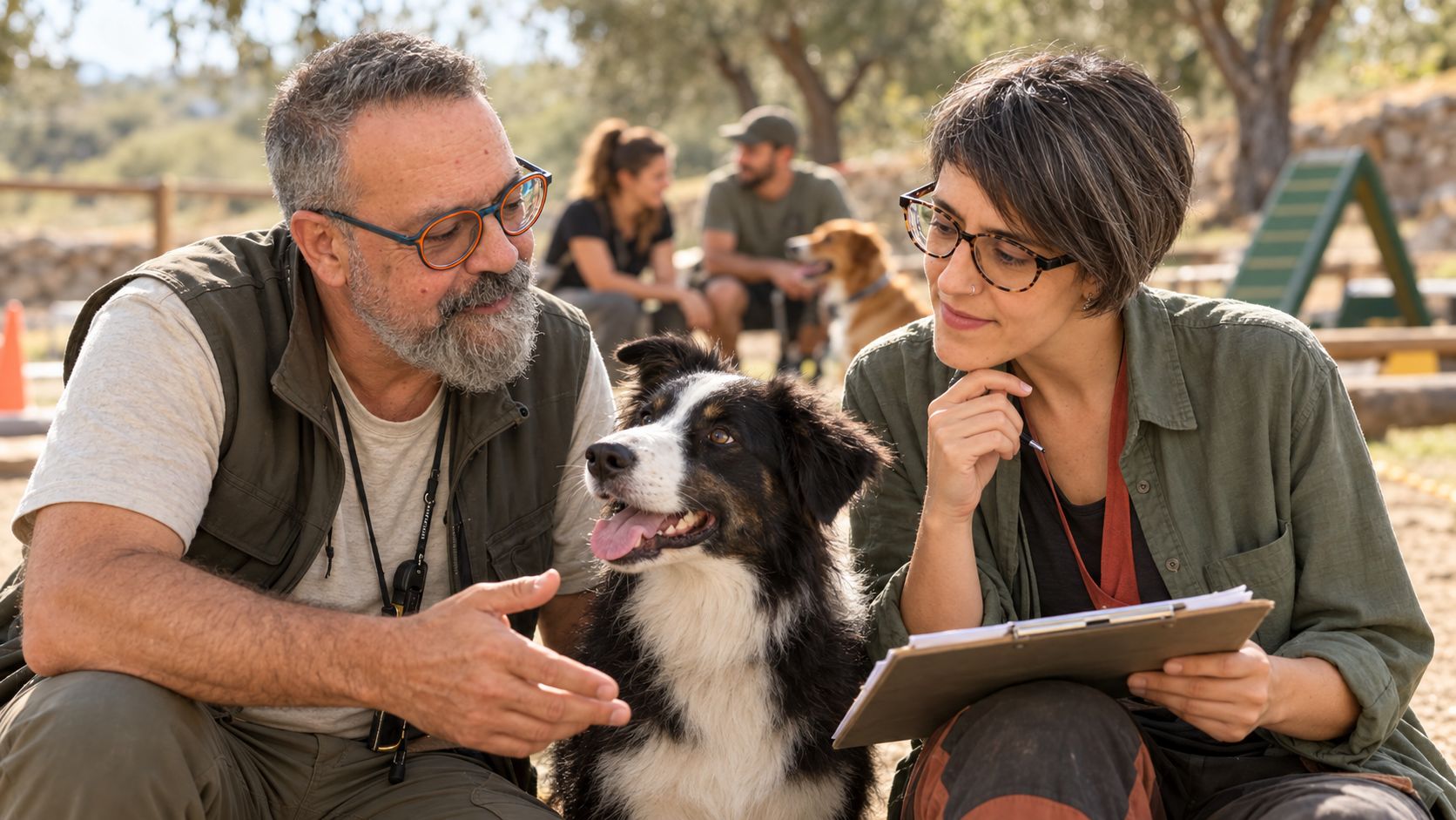 Ernest y Lourdes comentando un caso junto a un border collie