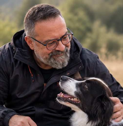 Ernest con un border collie que le mira